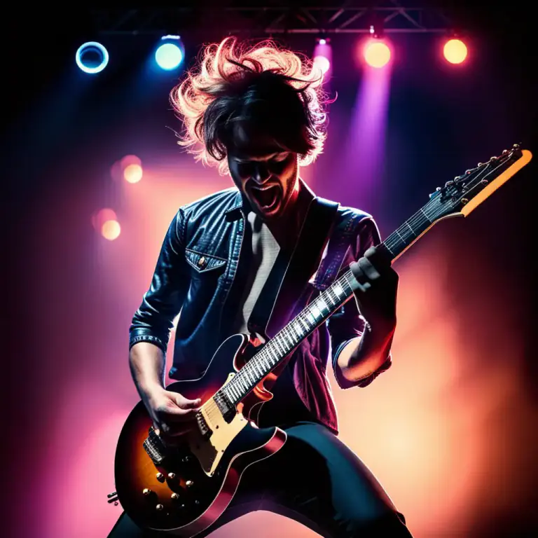 Visual representation of "rock out" - To play a musical instrument, especially a guitar, energetically or enthusiastically.