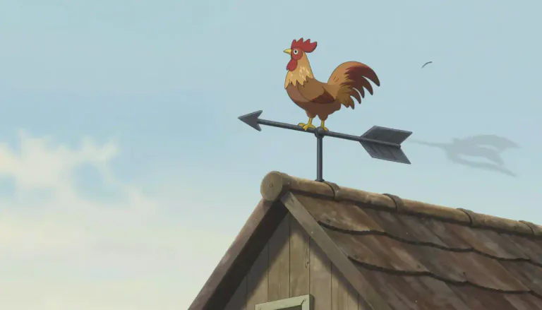 Visual representation of "weathervane" - A movable device that shows the direction of the wind, typically mounted on a rooftop.