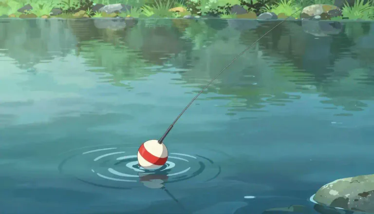 Visual representation of "bobber" - A floating object attached to a fishing line to indicate when a fish has bitten the bait.