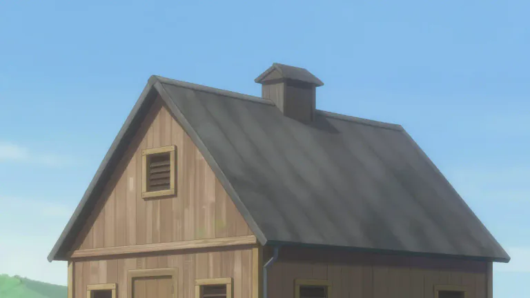 Visual representation of "gambrel" - A gambrel is a type of roof that has two slopes on each side, with the lower slope being steeper than the upper one, commonly seen in barns and certain residential buildings.
