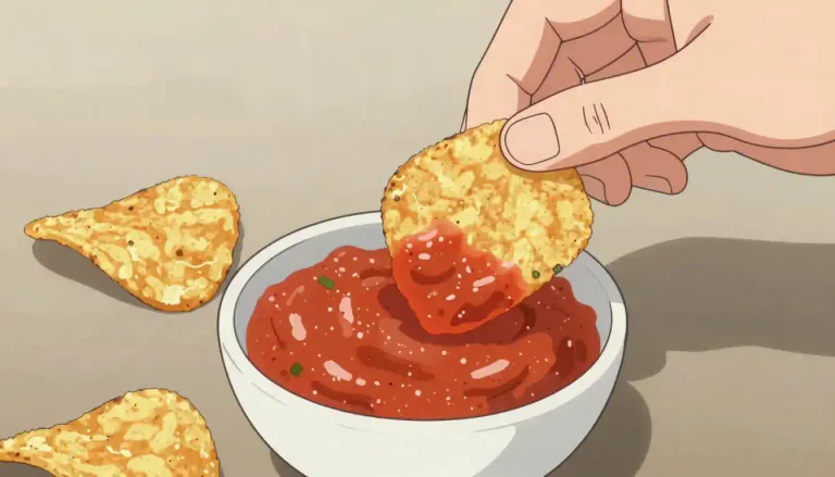 Visual representation of "dip" - A small amount of something used to cover or add flavor to food, often by putting the food into the dip.