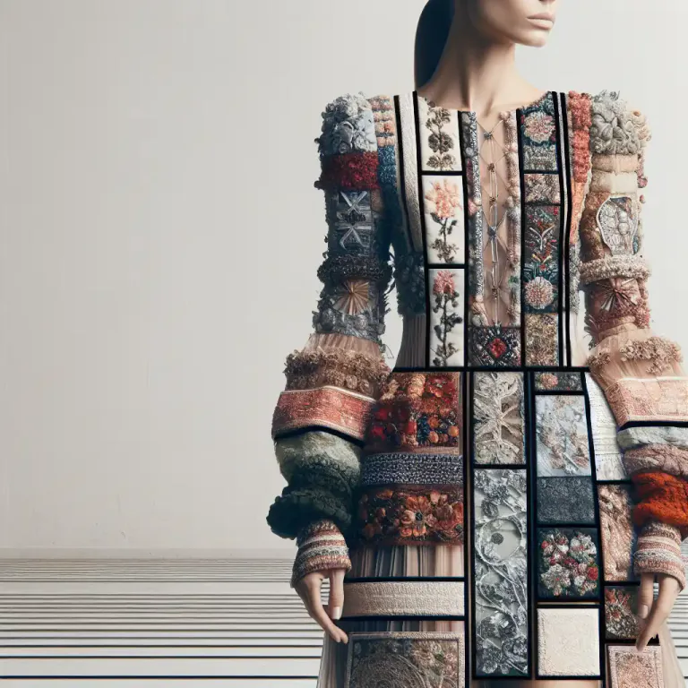 Visual representation of "collage" - A design technique in fashion where pieces of different fabrics are combined to create a single garment.
