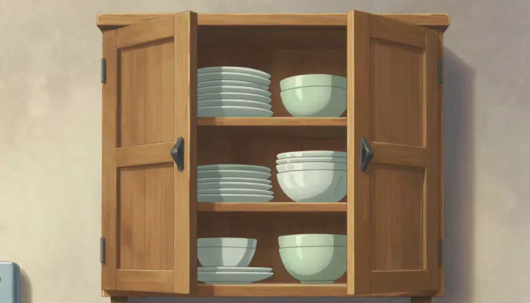 Visual representation of "cupboard" - A piece of furniture with shelves to store things, usually covered by doors.