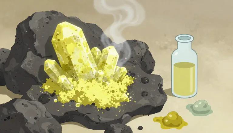 Visual representation of "sulphur" - A yellow chemical element that is found naturally in the earth and used in making drugs, dyes, etc.