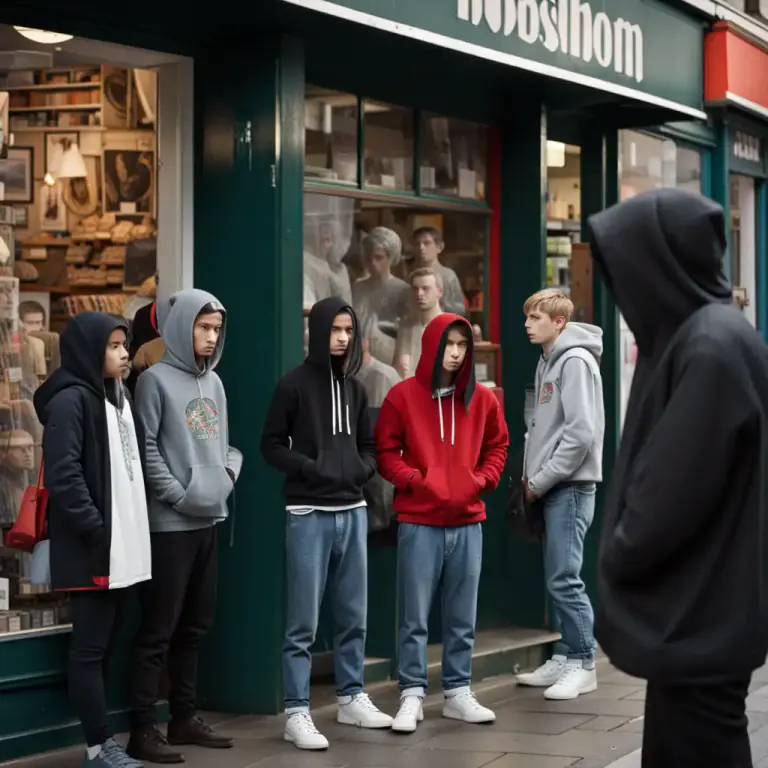 Visual representation of "hoody" - In British slang, a young person wearing a hoody, often associated with causing trouble.