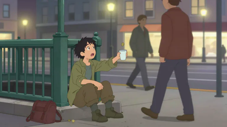 Visual representation of "panhandle" - To ask for money or help in a public place.
