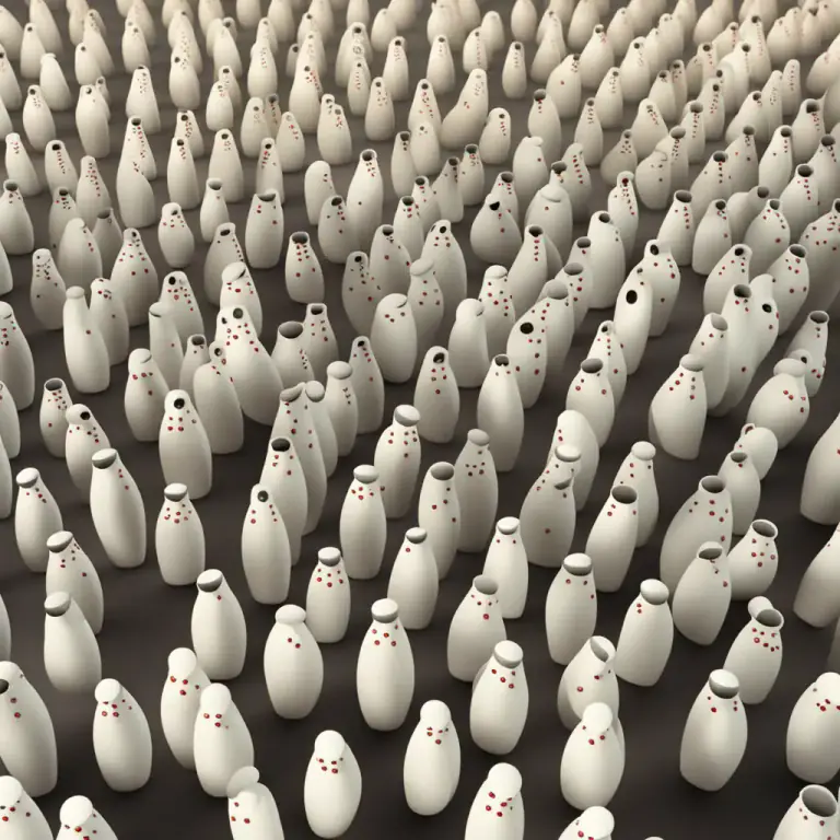 Visual representation of "go down, drop, etc. like ninepins" - To fall or collapse easily or in large numbers