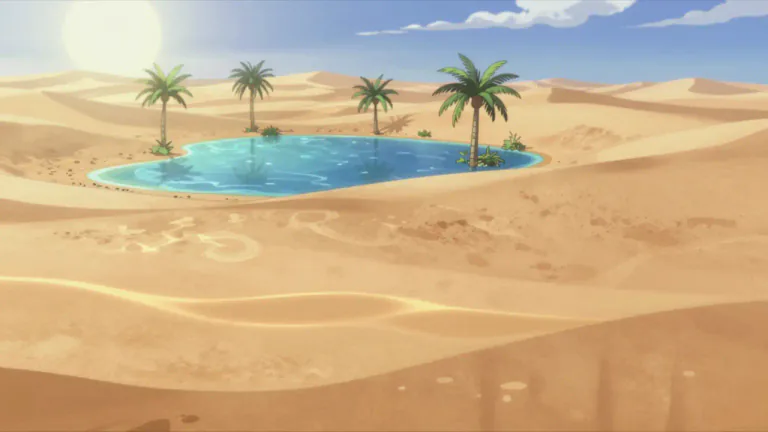 Visual representation of "mirage" - An illusion that looks real but is actually caused by the bending of light, often seen in the desert or at sea