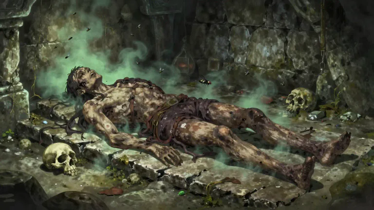 Visual representation of "putrefaction" - The process of decaying or rotting in a body or other organic matter.