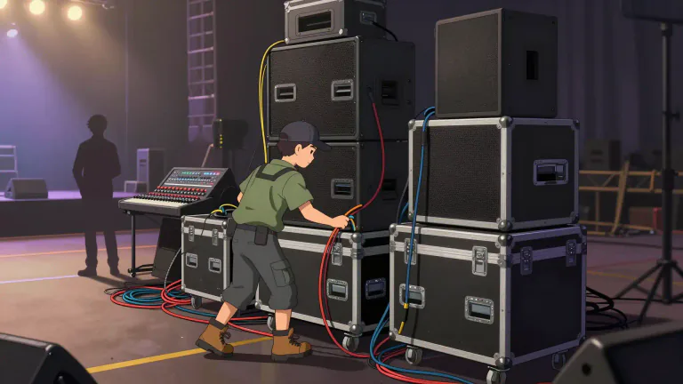 Visual representation of "roadie" - A person who works for a musician or band, typically traveling with them to help set up equipment before and during live performances.