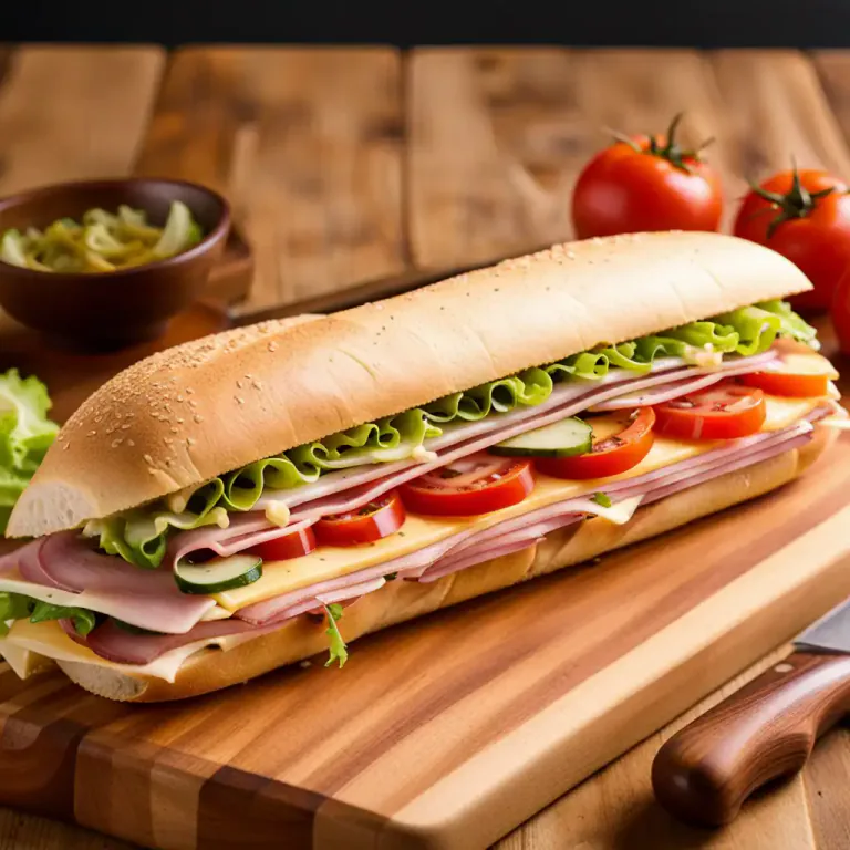 Visual representation of "grinder" - A type of sandwich made on a long roll, often filled with meat, cheese, and vegetables.
