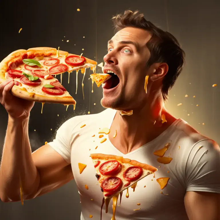 Visual representation of "tear into" - To eat something quickly and eagerly.