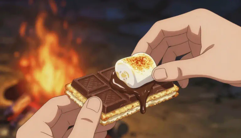 Visual representation of "s'more" - A sweet campfire treat made by combining toasted marshmallows, chocolate, and graham crackers.
