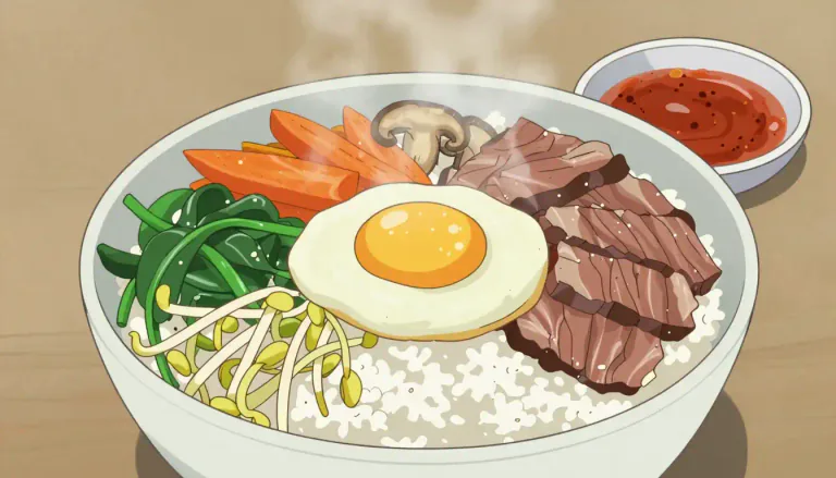Visual representation of "bibimbap" - Bibimbap is a traditional Korean dish consisting of a bowl of warm white rice topped with sautéed and seasoned vegetables, meat, and a fried or poached egg, served with a spicy sauce.