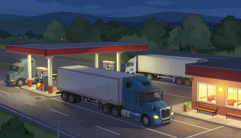 Visual representation of "truckstop" - A truckstop is a place along a highway where trucks can stop to refuel, eat, and rest.