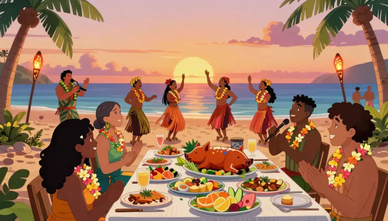 Visual representation of "luau" - A Hawaiian party or feast, especially a large one, which includes food, music, and cultural entertainment.