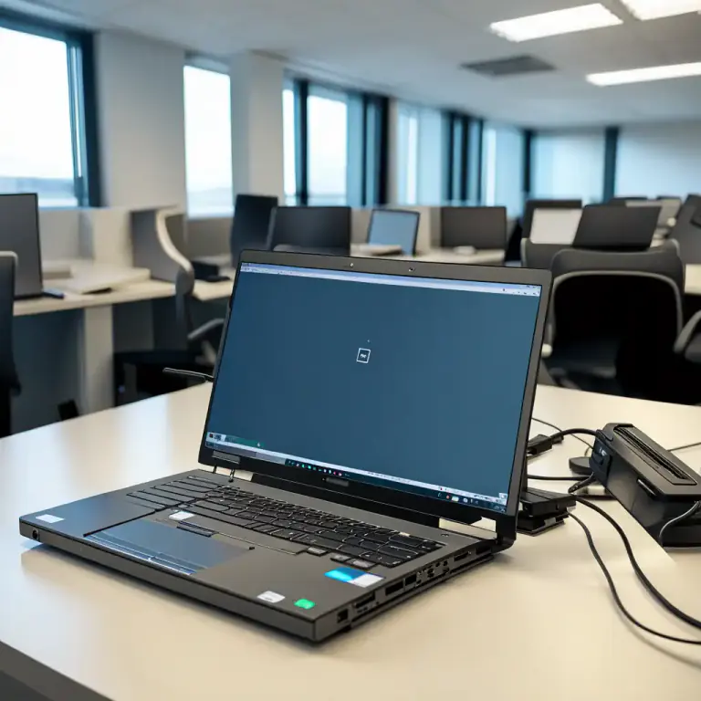 Visual representation of "undock" - to disconnect and remove a device, such as a laptop, from a docking station