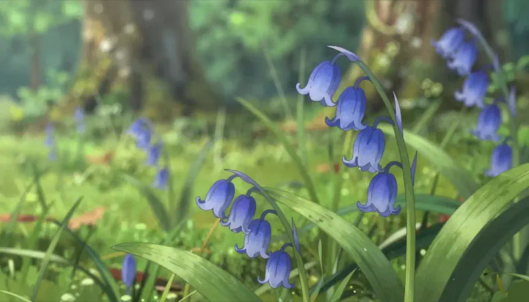 Visual representation of "harebell" - A kind of flower which is blue and bell-shaped, often found in woodlands or grasslands.
