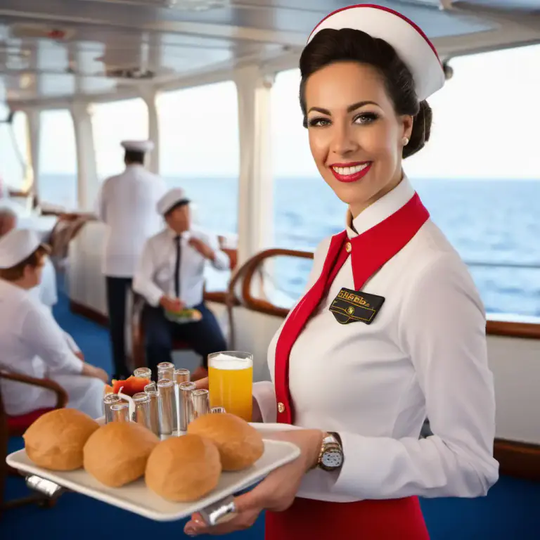 Visual representation of "stewardess" - A woman who takes care of passengers on a ship, often by serving food and drink.