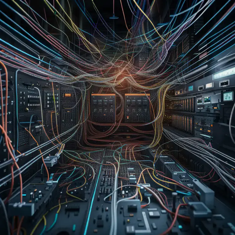Visual representation of "monolith" - In computing, a software system where all of its components are interconnected or interwoven, not allowing any individual component to function independently