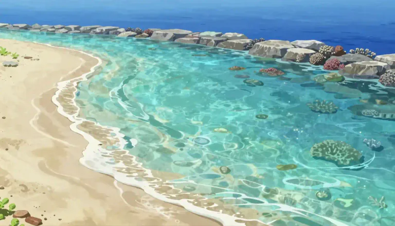 Visual representation of "lagoon" - A body of water separated from the larger sea by a barrier of sand, rock, or coral.