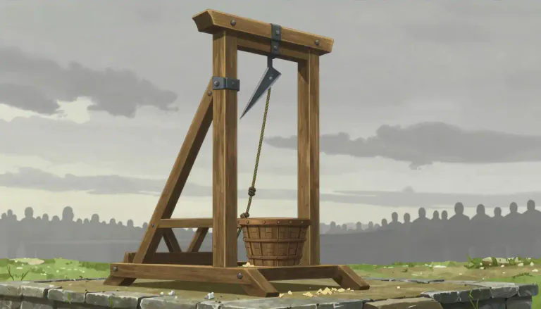 Visual representation of "guillotine" - A device used in the past to cut off a person's head as a way of executing them.