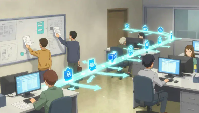 Visual representation of "workflow" - A system or process that's followed to achieve a task, especially in business or computing.