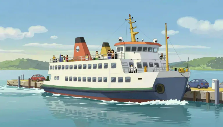 Visual representation of "ferryboat" - A ferryboat is a type of boat that carries people and vehicles across a body of water, often making regular trips between two points.