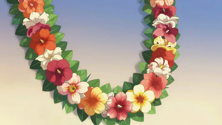 Visual representation of "lei" - A traditional Hawaiian garland made of flowers, leaves, or shells, often worn as a necklace.