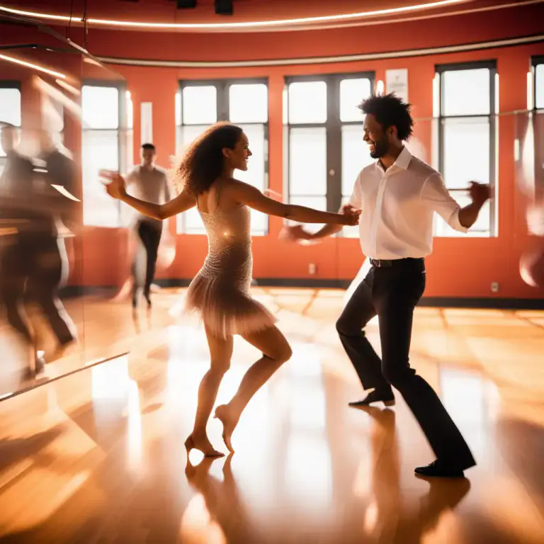 Visual representation of "salsa" - A dance style characterized by swift, often spinning movements, based on the beat of salsa music.