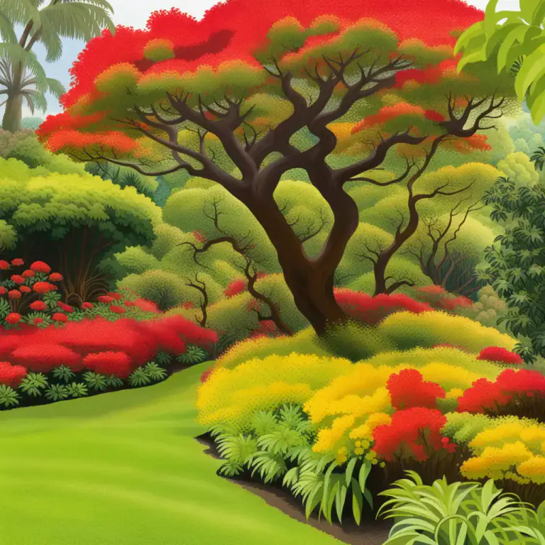 Visual representation of "flamboyant" - A tree with bright red or yellow flowers.