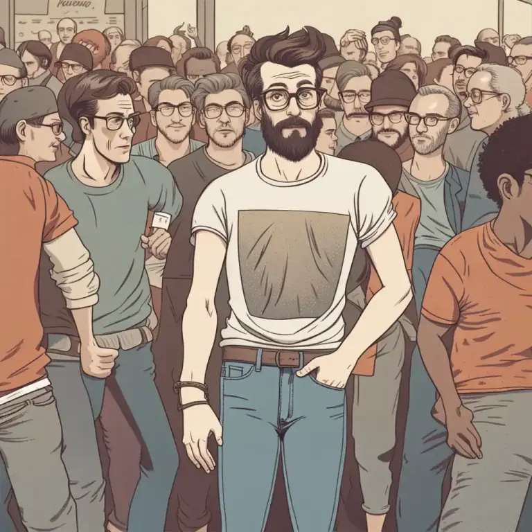 Visual representation of "hipster" - A style of fashion that is often associated with hipsters, such as wearing vintage clothes, ironic graphic T-shirts, and thick-rimmed glasses.