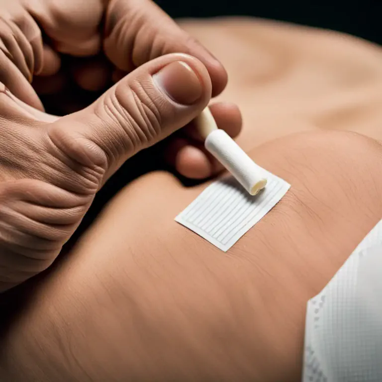 Visual representation of "patch" - In medicine, a small adhesive strip impregnated with a drug or other medical treatment, applied to the skin.