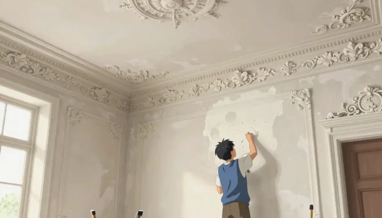 Visual representation of "plasterwork" - The process of covering walls and ceilings with plaster or the ornamental design created with plaster.