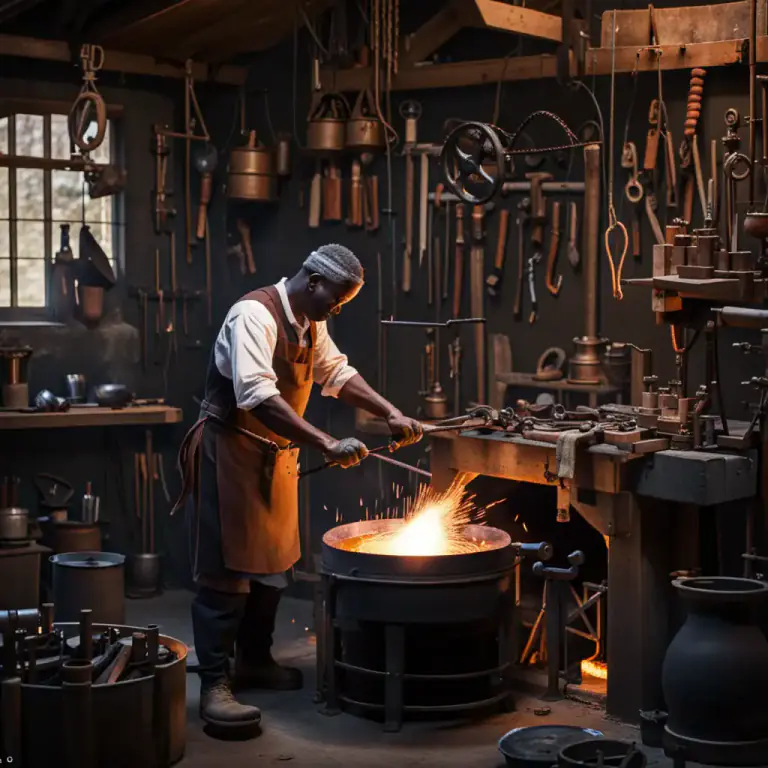 Visual representation of "forge" - a workplace where metal is heated and hammered into particular objects