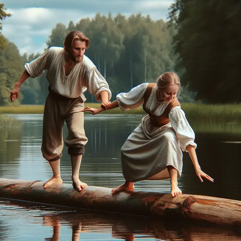 Visual representation of "logrolling" - The sport or activity of moving a log in water by standing on it and rolling it with the feet.