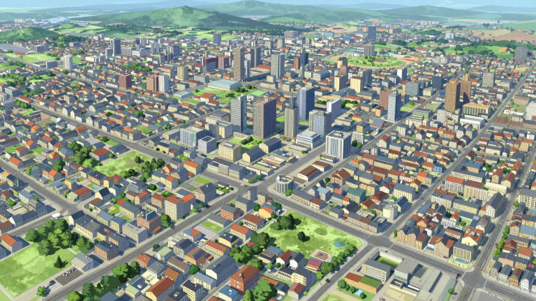 Visual representation of "conurbation" - A large area where several towns or cities have merged together, forming an extended urban environment.