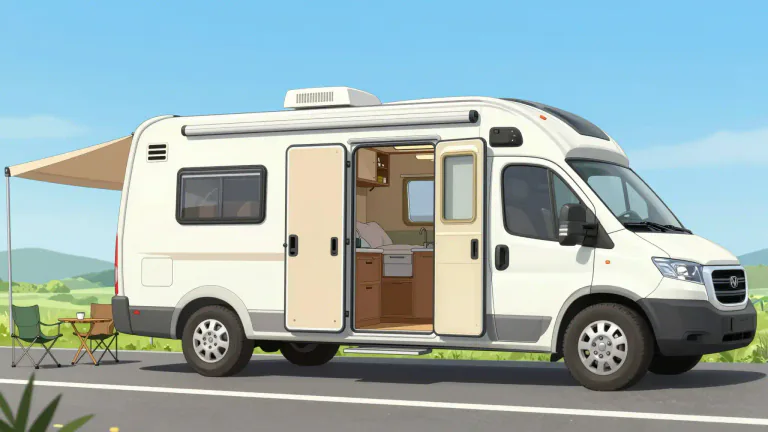 Visual representation of "motorhome" - A motorhome is a large vehicle designed to be used as a mobile home, which typically includes sleeping facilities, kitchen, and bathroom.