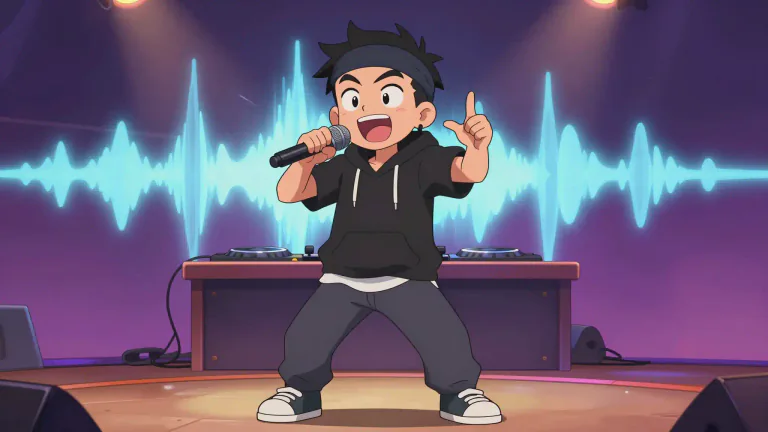 Visual representation of "rap" - A type of music in which the words are spoken quickly and rhythmically over a prerecorded soundtrack.
