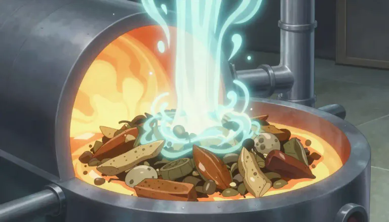 Visual representation of "gasification" - The process of converting solid or liquid organic material into gas, often used for generating energy.