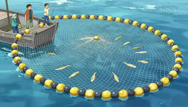 Visual representation of "seine" - A large net with floats on the top and weights on the bottom, used for catching fish in the sea or a river.