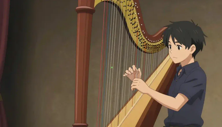 Visual representation of "harp" - A large musical instrument with many strings that you play with your fingers
