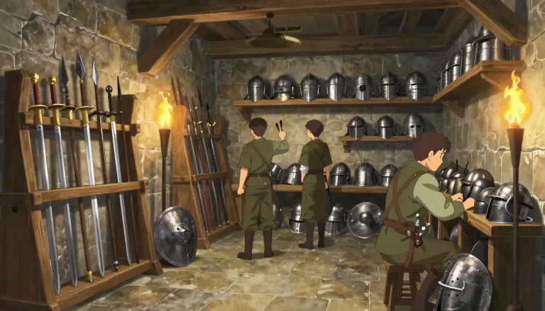 Visual representation of "armoury" - A place where weapons and military equipment are stored