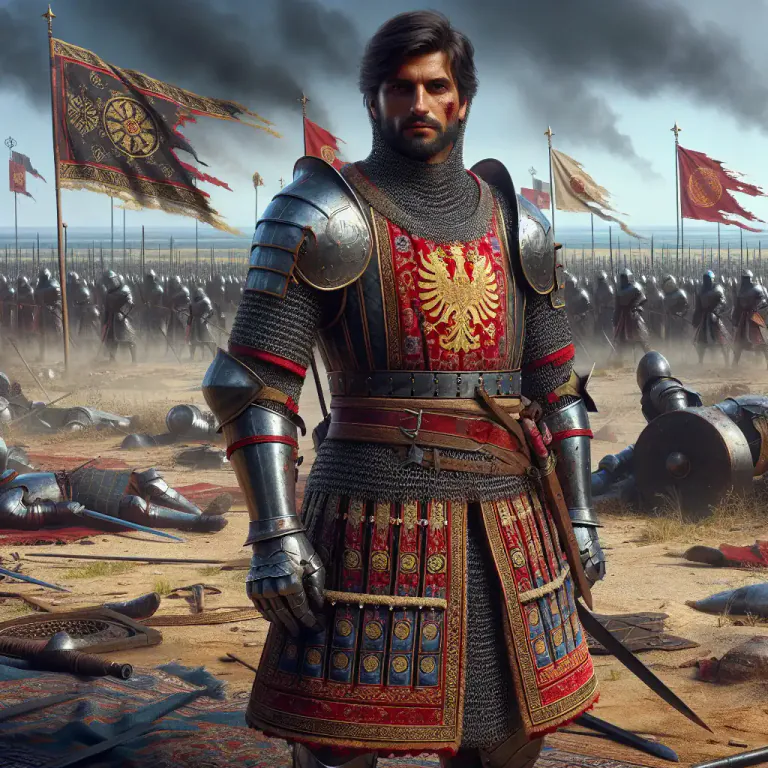 Visual representation of "surcoat" - A loose, sleeveless coat worn over armor for identification in battle.