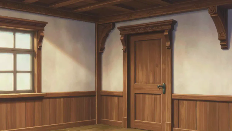 Visual representation of "woodwork" - The wooden parts of a house, such as doors, windows, or moldings.