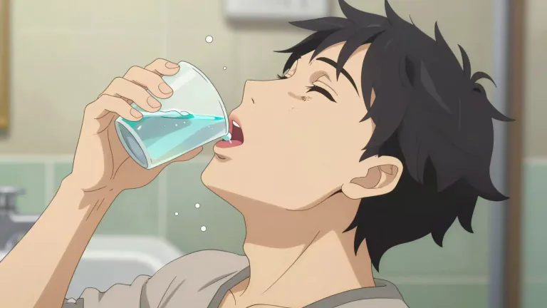 Visual representation of "gargle" - To rinse or wash your mouth and throat with a liquid, making a bubbling sound.