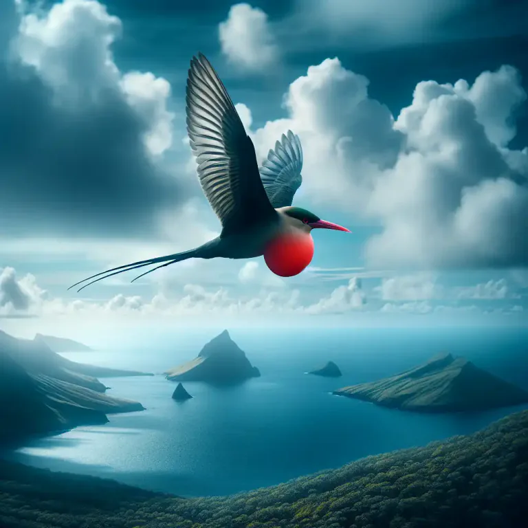 Visual representation of "frigate" - A small, fast, medium-sized bird of the frigatebird family, with long wings, a forked tail, and males have a red pouch that inflates during mating season.