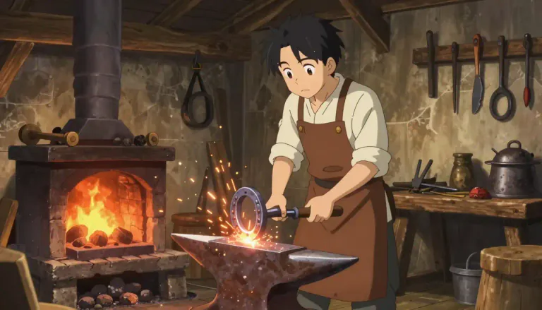 Visual representation of "blacksmith" - A person who makes and fixes things made of iron, especially horse shoes.