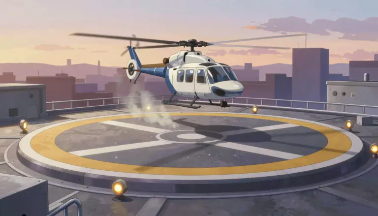 Visual representation of "helipad" - A helipad is a small landing area for helicopters, typically marked with a symbol and often equipped with lighting for nighttime use.