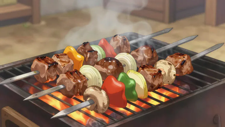 Visual representation of "kebab" - A dish of small pieces of meat, vegetables, or fish that are roasted or grilled on a skewer.